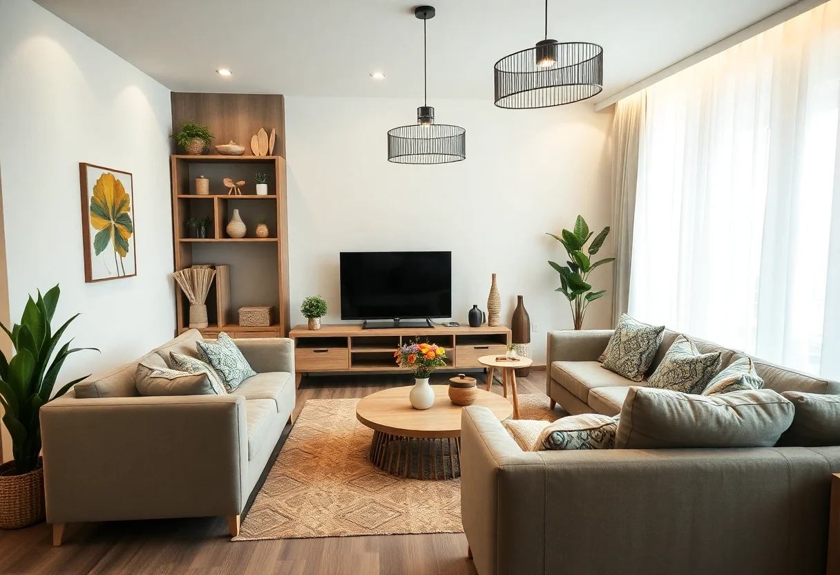 A cozy and modern living room interior with cultural Turkish design elements.
