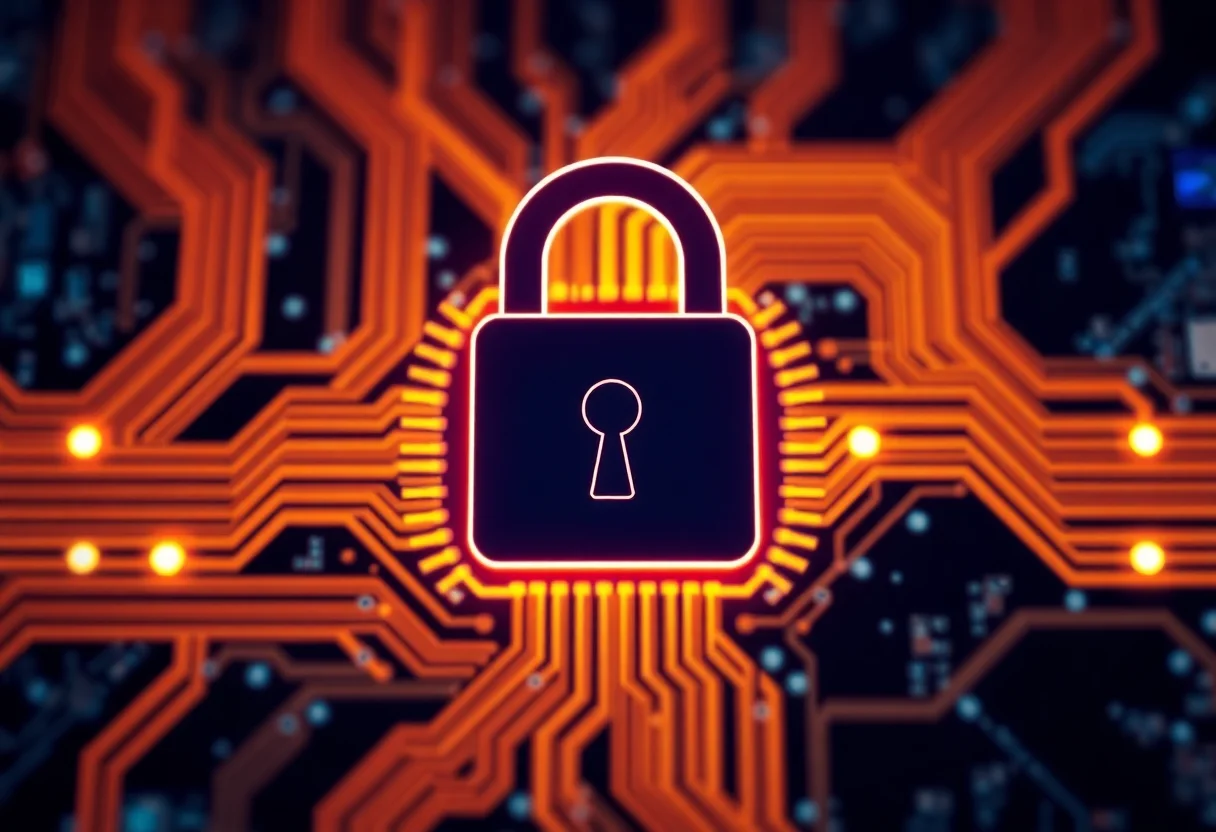 A digital lock icon overlaid on a computer circuit board, symbolizing data security and privacy.
