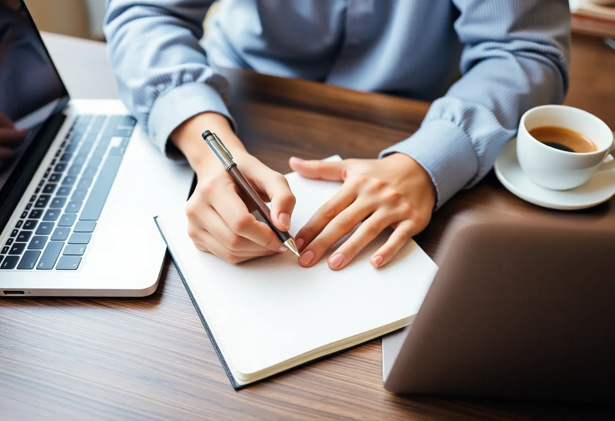 A person writing on a notebook with a laptop and coffee on the table, symbolizing learning and content creation.