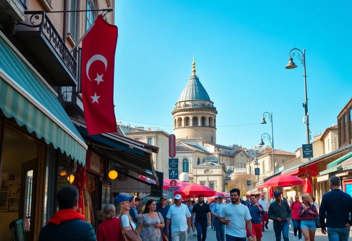 A vibrant street scene in Istanbul with the Galata Tower in the background, representing Turkish culture and immersion.