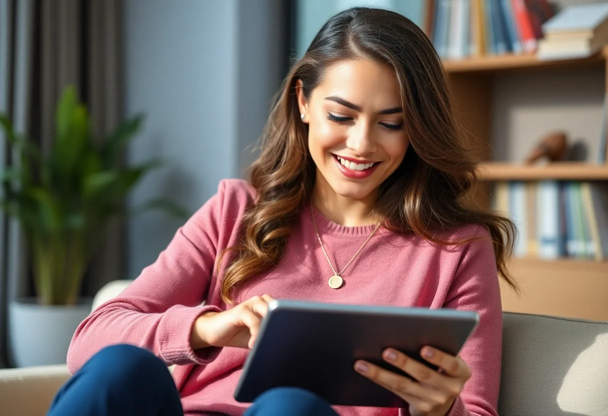 A woman smiling while using a tablet for an online learning session.