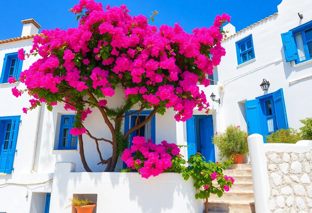 Charming white houses with blue windows and pink bougainvillea in an Aegean town