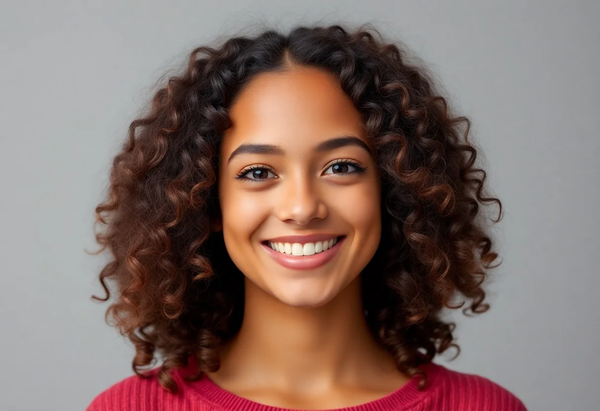 Headshot of a cheerful young woman with curly hair.