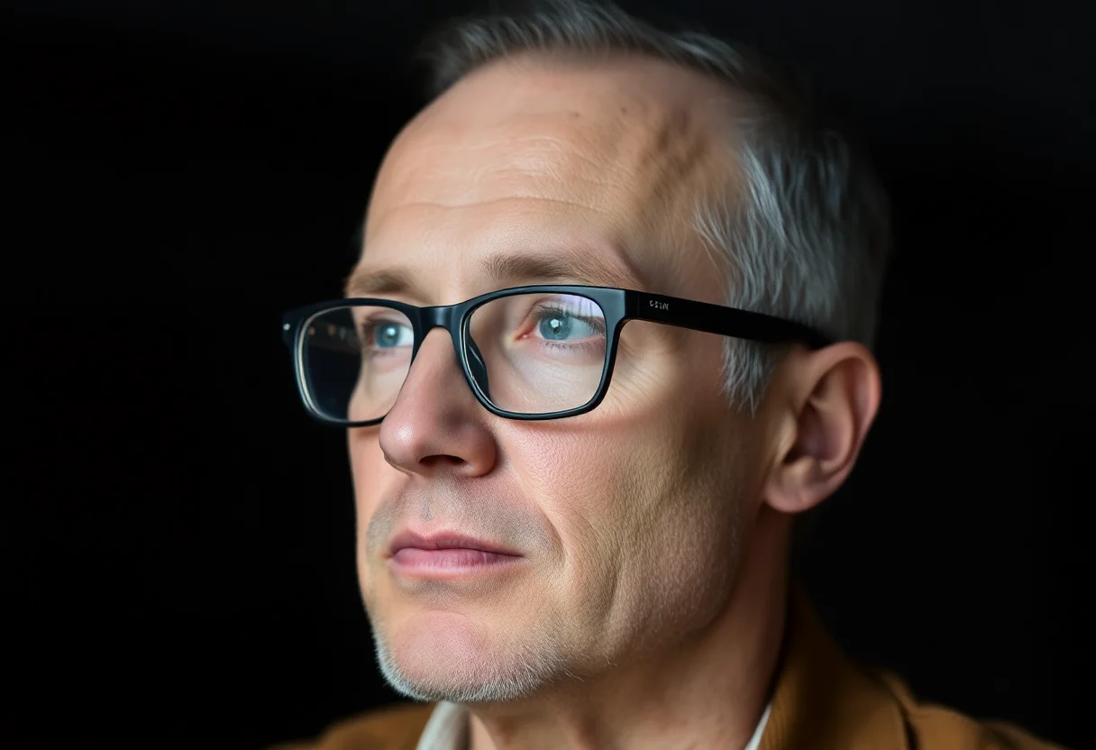 Headshot of a man with glasses looking thoughtfully.