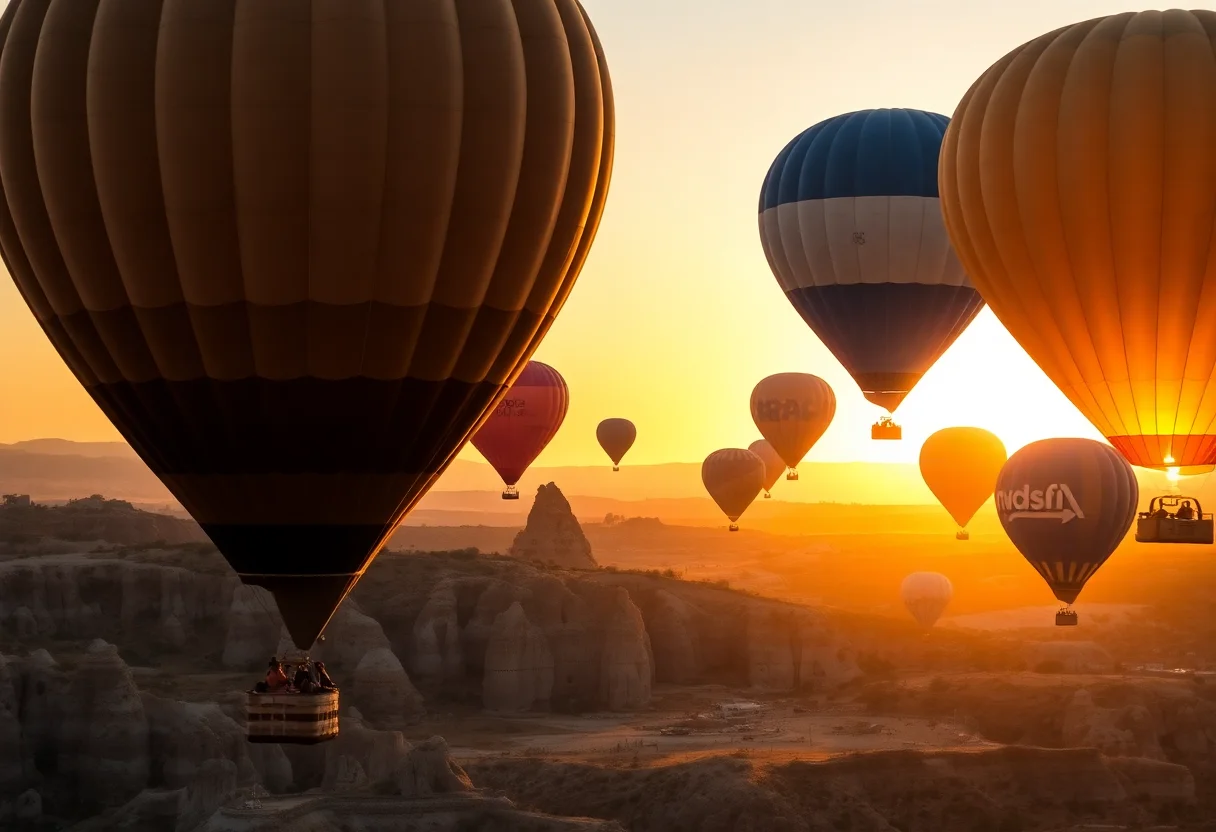 Hot air balloons flying over Cappadocia, Turkey at sunrise.