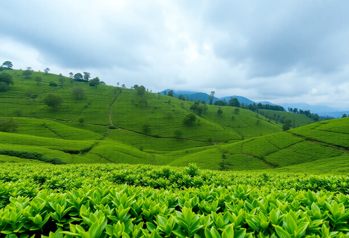 Lush green tea plantations in the Black Sea region of Turkey under a cloudy sky